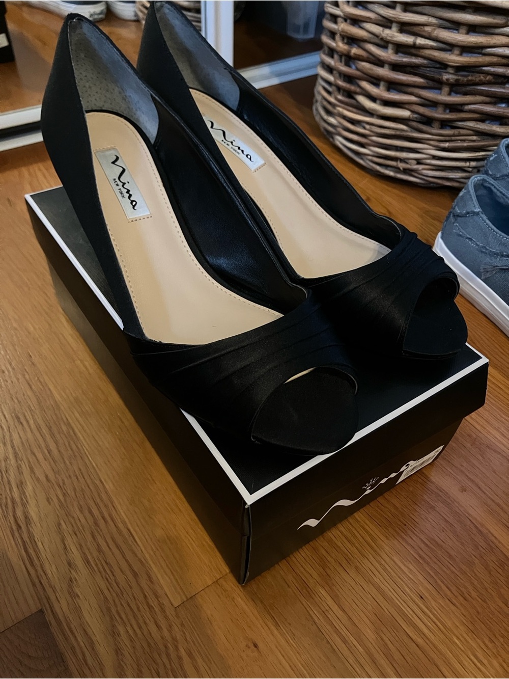Nina Black Satin Peep-Toe Wedges